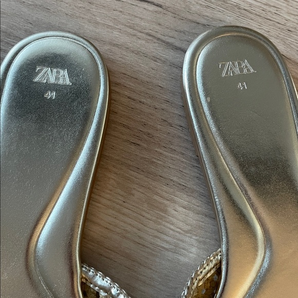 ZARA Gold Metallic Woven Slide Sandals Flats Summer Shoes Size EU 41 US 10 - Picture 2 of 6